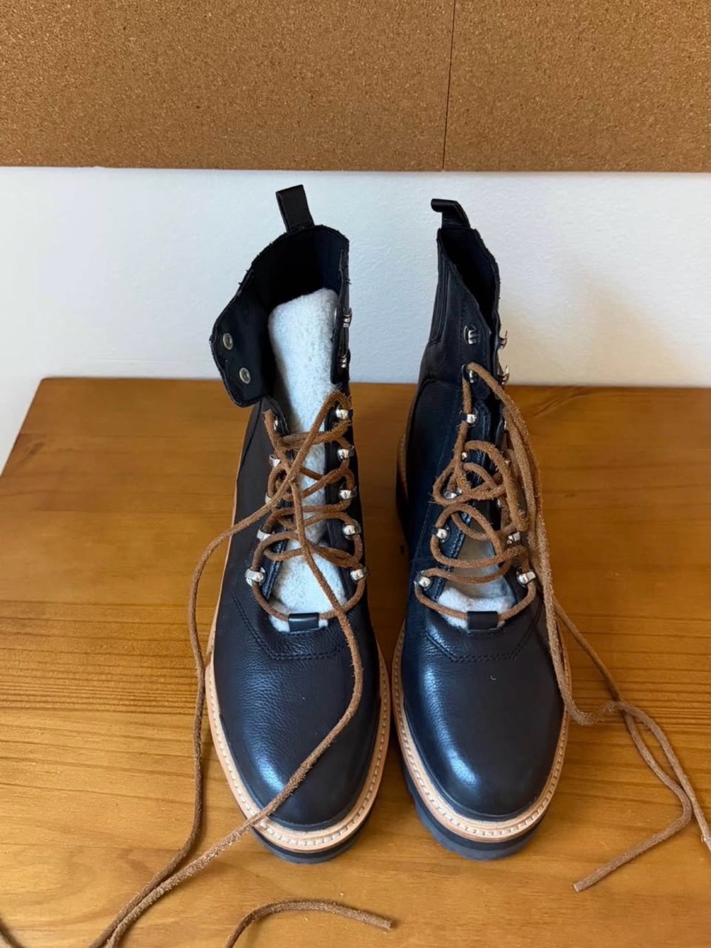 Marc Fisher Black Lace-Up Leather Boots with Brown Laces